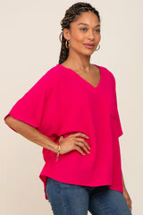 Fuchsia Oversized V-Neck Pocket Front Blouse