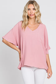 Mauve Oversized V-Neck Pocket Front Blouse