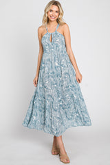 Blue Palm Print Front Cutout Maternity Midi Dress