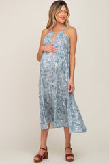 Blue Palm Print Front Cutout Maternity Midi Dress