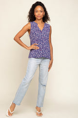 Navy Floral Split V-Neck Sleeveless Top