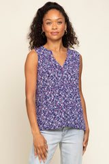 Navy Floral Split V-Neck Sleeveless Top