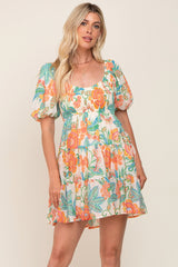 Cream Floral Puff Sleeve Tiered Maternity Mini Dress