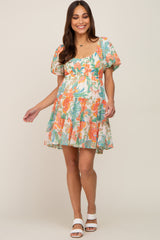 Cream Floral Puff Sleeve Tiered Maternity Mini Dress