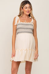 Cream Embroidered Smocked Shoulder Tie Maternity Dress