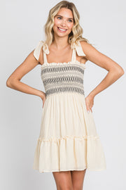 Cream Embroidered Smocked Shoulder Tie Dress