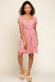 Coral Floral Short Sleeve Dress