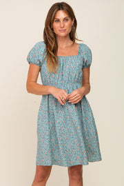 Sage Floral Shirred Short Sleeve Dress