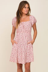 Light Pink Floral Shirred Short Sleeve Dress