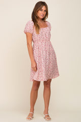 Light Pink Floral Shirred Short Sleeve Dress