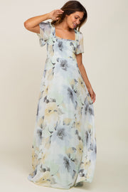 Mint Green Floral Chiffon Smocked Short Sleeve Maternity Maxi Dress