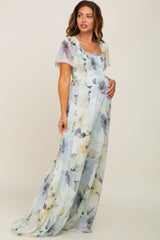 Mint Green Floral Chiffon Smocked Short Sleeve Maternity Maxi Dress