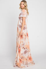 Peach Floral Chiffon Smocked Short Sleeve Maxi Dress