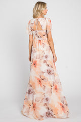 Peach Floral Chiffon Smocked Short Sleeve Maxi Dress