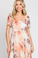 Peach Floral Chiffon Smocked Short Sleeve Maxi Dress