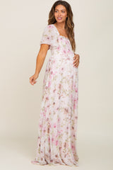 Pink Floral Chiffon Smocked Short Sleeve Maternity Maxi Dress