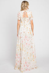 Cream Floral Chiffon Smocked Short Sleeve Maxi Dress