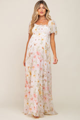 Cream Floral Chiffon Smocked Short Sleeve Maternity Maxi Dress