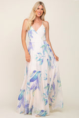 Lavender Feather Printed Chiffon Wrap Front Maternity Maxi Dress