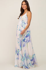 Lavender Feather Printed Chiffon Wrap Front Maternity Maxi Dress