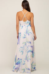 Lavender Feather Printed Chiffon Wrap Front Maternity Maxi Dress