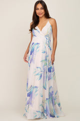 Lavender Feather Printed Chiffon Wrap Front Maternity Maxi Dress