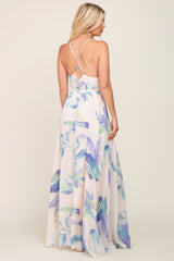 Lavender Feather Printed Chiffon Wrap Front Maxi Dress