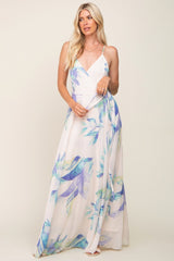 Lavender Feather Printed Chiffon Wrap Front Maxi Dress