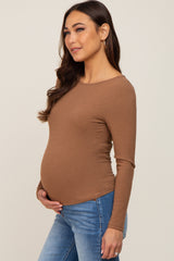 Mocha Ribbed Long Sleeve Maternity Crop Top