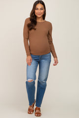 Mocha Ribbed Long Sleeve Maternity Crop Top