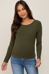 Olive Ribbed Long Sleeve Maternity Crop Top