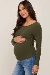 Olive Ribbed Long Sleeve Maternity Crop Top