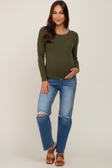 Olive Ribbed Long Sleeve Maternity Crop Top