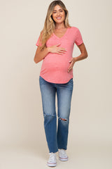 Coral V-Neck Short Sleeve Maternity Tee