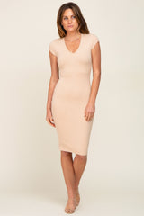 Beige Rib Knit Cap Sleeve Maternity Midi Dress