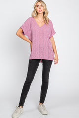 Magenta Ribbed Cuffed Short Sleeve Top