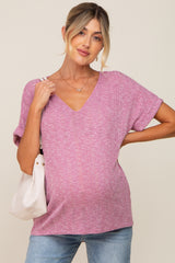 Magenta Ribbed Cuffed Short Sleeve Maternity Top