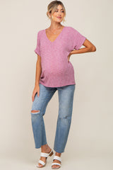 Magenta Ribbed Cuffed Short Sleeve Maternity Top