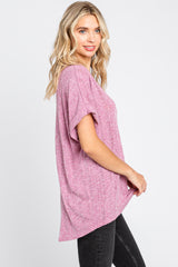 Magenta Ribbed Cuffed Short Sleeve Top