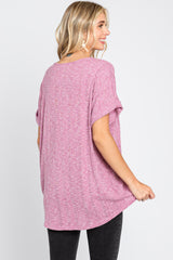 Magenta Ribbed Cuffed Short Sleeve Top