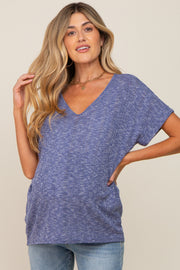 Navy Ribbed Cuffed Short Sleeve Maternity Top