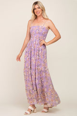 Lavender Floral Swiss Dot Smocked Maxi Dress