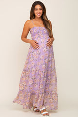 Lavender Floral Swiss Dot Smocked Maternity Maxi Dress