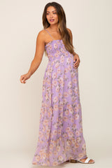 Lavender Floral Swiss Dot Smocked Maternity Maxi Dress