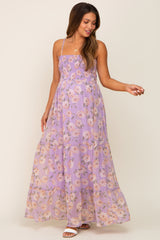 Lavender Floral Swiss Dot Smocked Maternity Maxi Dress