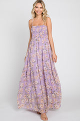 Lavender Floral Swiss Dot Smocked Maxi Dress