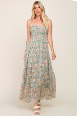 Mint Green Floral Swiss Dot Smocked Maxi Dress