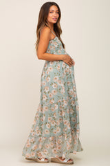 Mint Green Floral Swiss Dot Smocked Maternity Maxi Dress