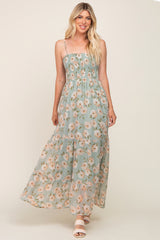 Mint Green Floral Swiss Dot Smocked Maxi Dress