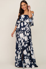 Navy Blue Floral Overlay Off-Shoulder Side Slit Maternity Maxi Dress